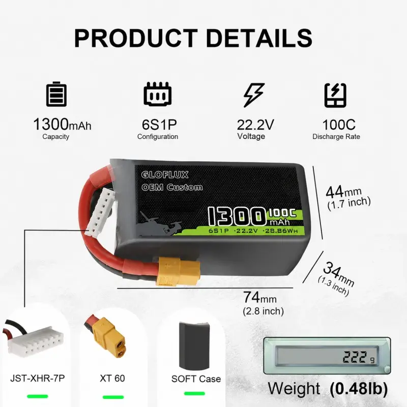 High discharge 100C 6S 22.2V LiPo battery for racing drones and FPV flight
