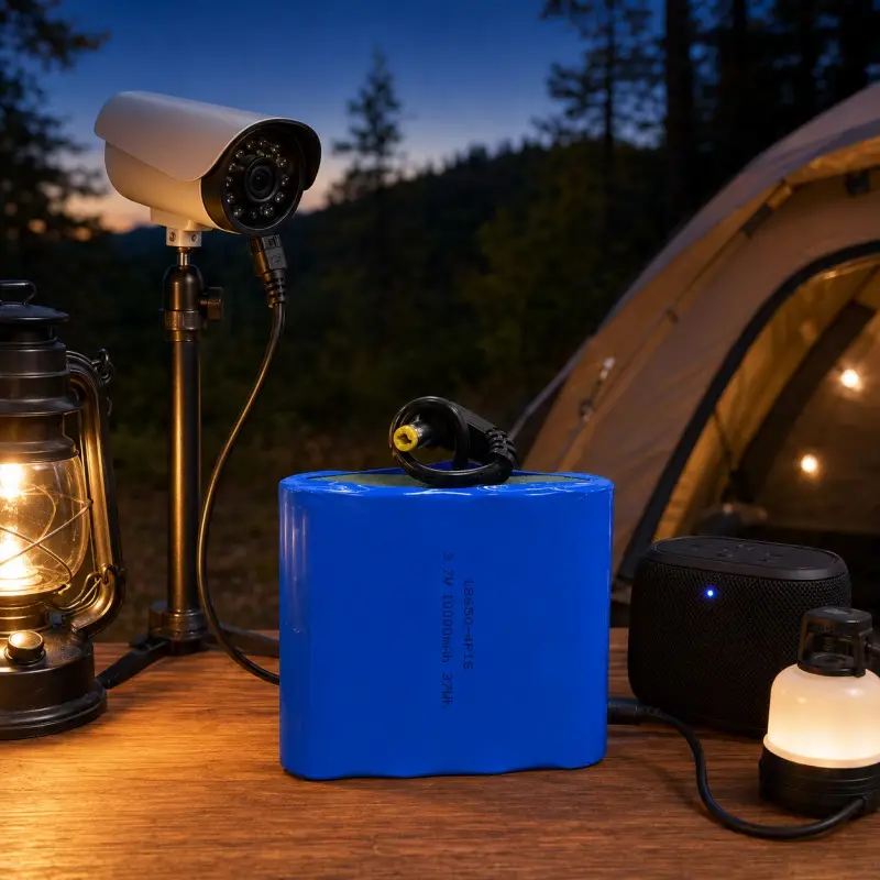 3.7V 10000mAh rechargeable battery pack powering outdoor camera, speaker, and camping accessories