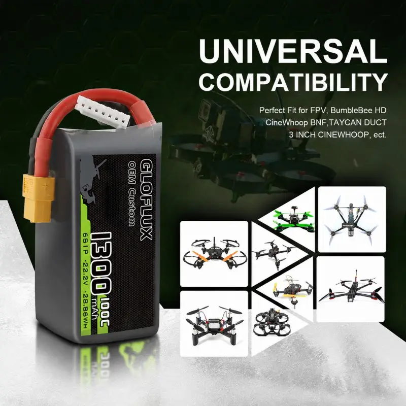 1800mAh 100C 6S FPV drone battery with stable 22.2V power output