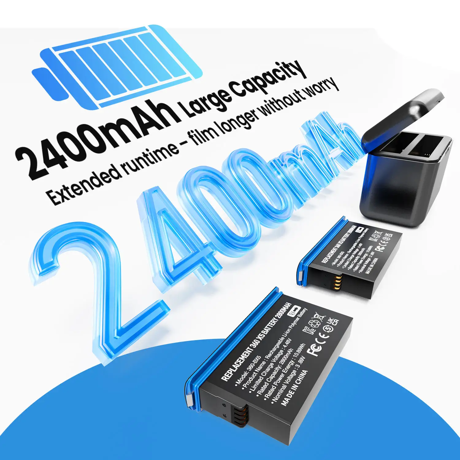 High-capacity replacement battery set and dual charger designed for Insta360 X5 photography and video recording.