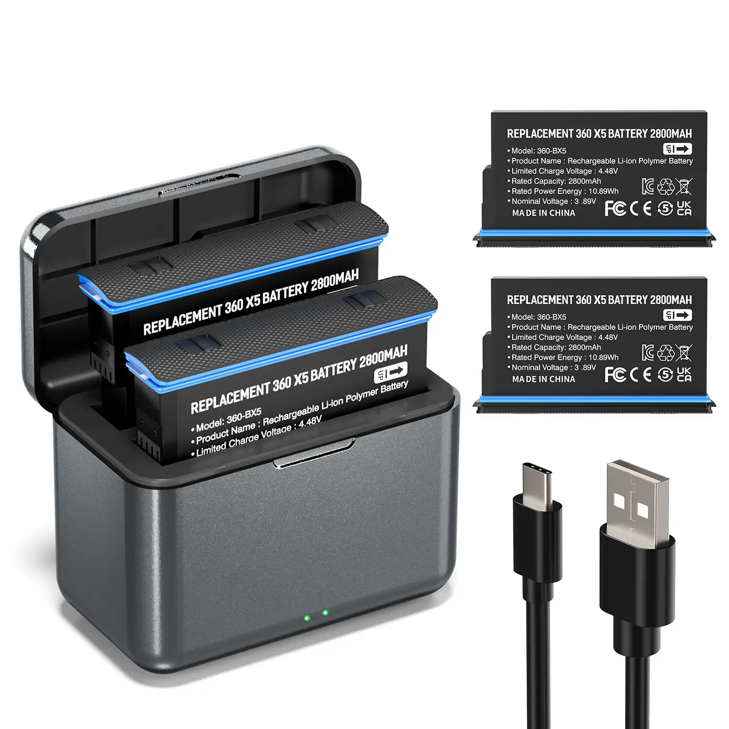 2-Pack 2400mAh replacement batteries with dual slot charger compatible with Insta360 X5 camera.