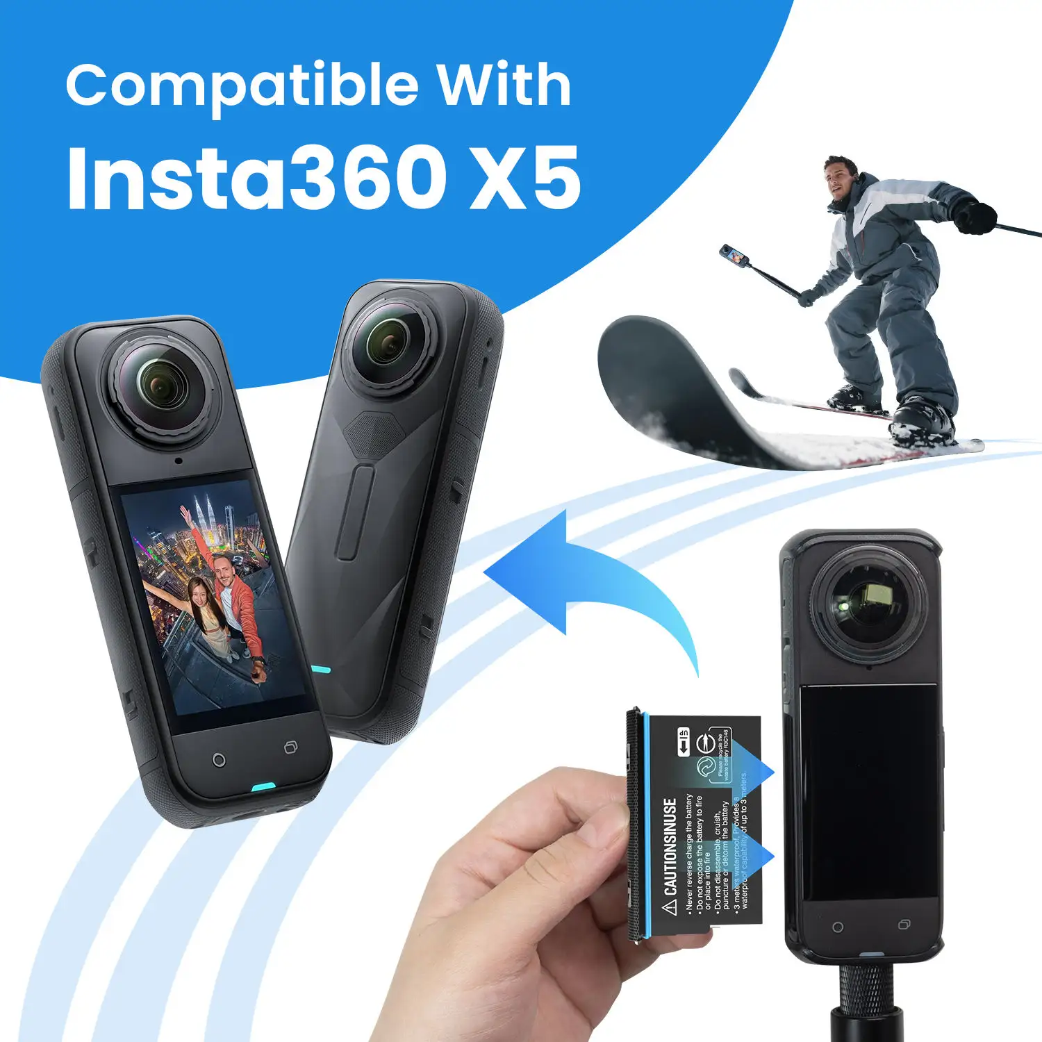 Rechargeable 2400mAh battery charger bundle for Insta360 X5 camera with safe and efficient dual charging.