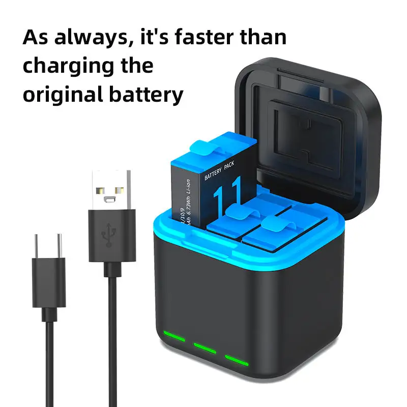 Rechargeable Li-ion battery pack with accurate decoding technology for GoPro Hero 9/10/11 video cameras.