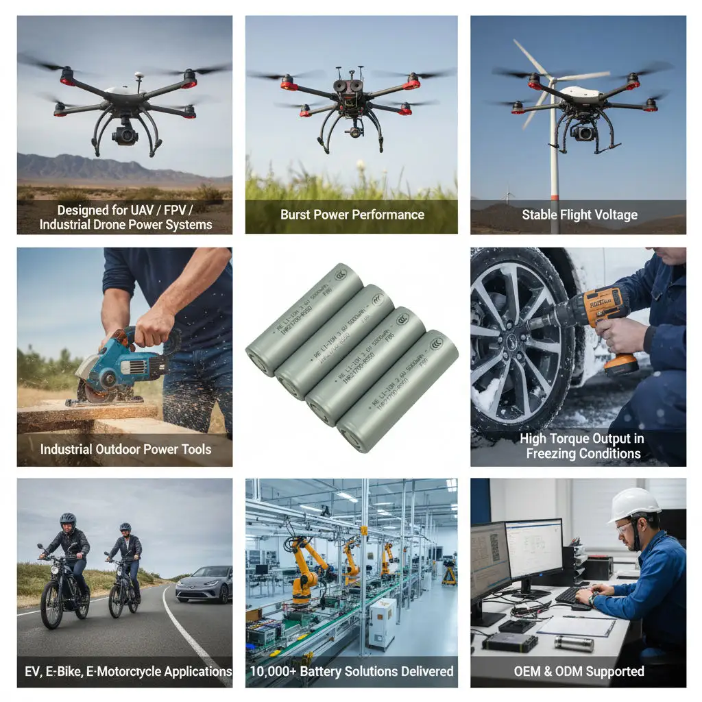 Low-temperature 21700 rechargeable battery for UAVs, robotics, and power tools