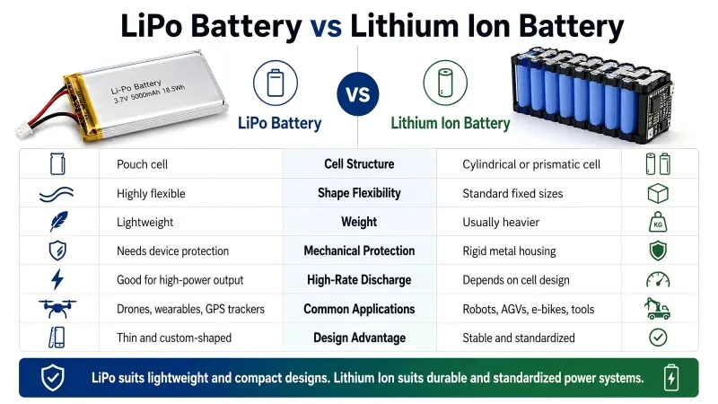 LiPo battery and lithium-ion battery comparison showing differences in structure, weight, flexibility, protection, discharge performance, and applications